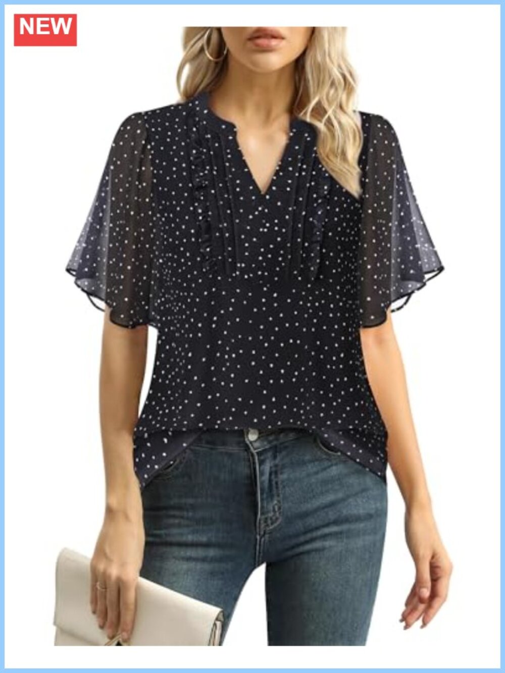 Women's Chiffon Ruffle Sleeve V-Neck Pleated Blouse